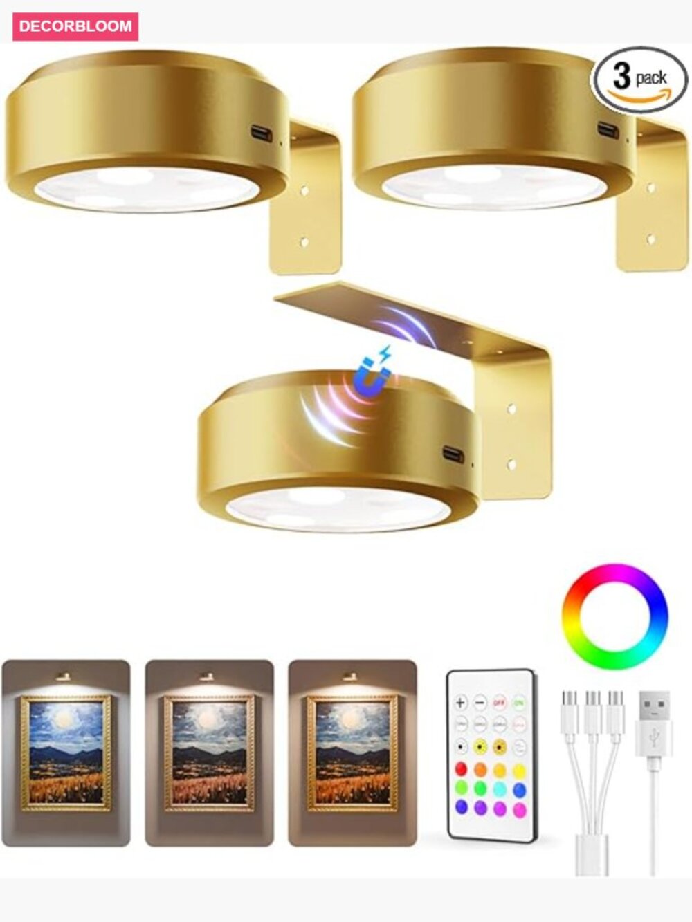 3 Pack Rechargeable Picture Lights for Wall Art Display Remote Dimmable